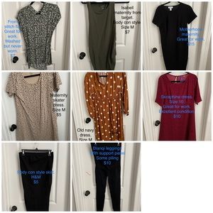 Maternity clothes, sizes 8-10, S, M, and L.